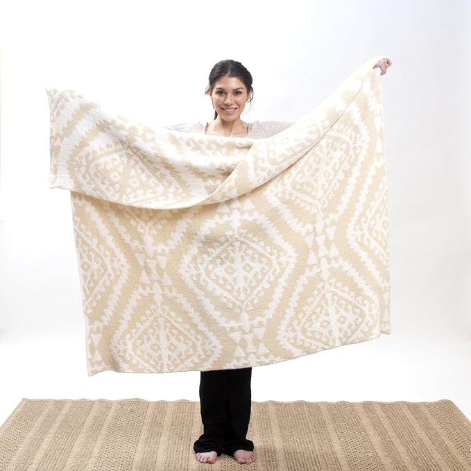 Carstens, Inc. Luxury Soft Stretchy Reversible Plush Throw Blanket, Large 50" x 60", Beige Moroccan