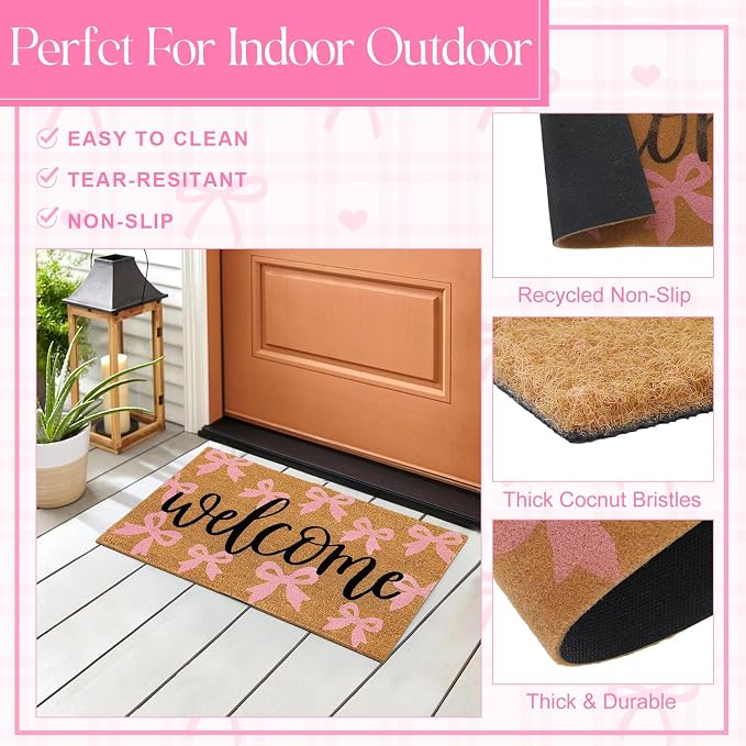 2 Pcs Outdoor Door Mat Combo Set Layered Outdoor Rug and Coir Welcome Doormat Non Slip Outside Floor Mat for Front Porch Entryway Patio Yard Decor(Bow Welcome,24'' X 51',18'' X 28'')