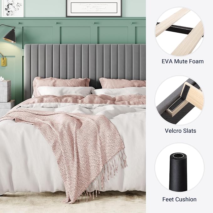 Allewie Full Bed Frame, Velvet Upholstered Platform Bed with Adjustable Vertical Channel Tufted Headboard, Mattress Foundation with Strong Wooden Slats, Box Spring Optional, Easy Assembly, Grey