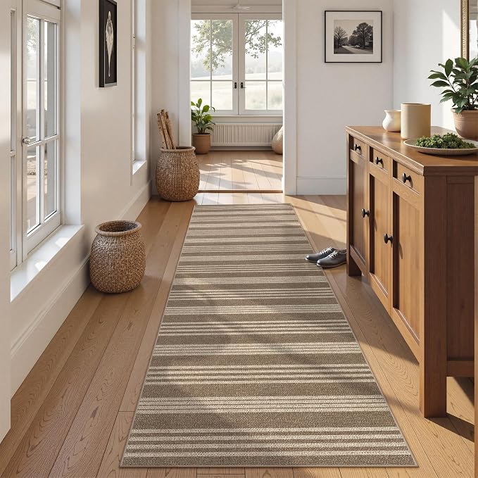 Lahome Striped Easy Jute Kitchen Runner Rug, 2x8 Washable Outdoor Rugs | Non Slip Indoor Entryway Runners, Modern Farmhouse Neutral Non Shedding Carpet for Hallway Porch Foyer Laundry Room, Khaki