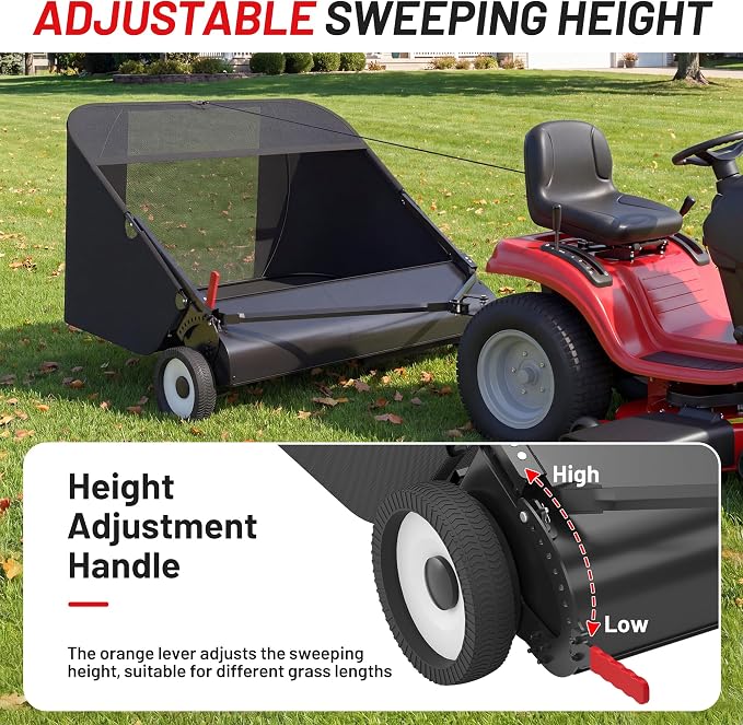Suchtale 52 Inch Tow Behind Lawn Sweeper with 26 Cu Ft Hopper | 52 Inch Sweeping Path, 26 Cu Ft Hopper, Adjustable Brush Height, Dumping Rope, Steel Frame, Lawn Tractor Attachment