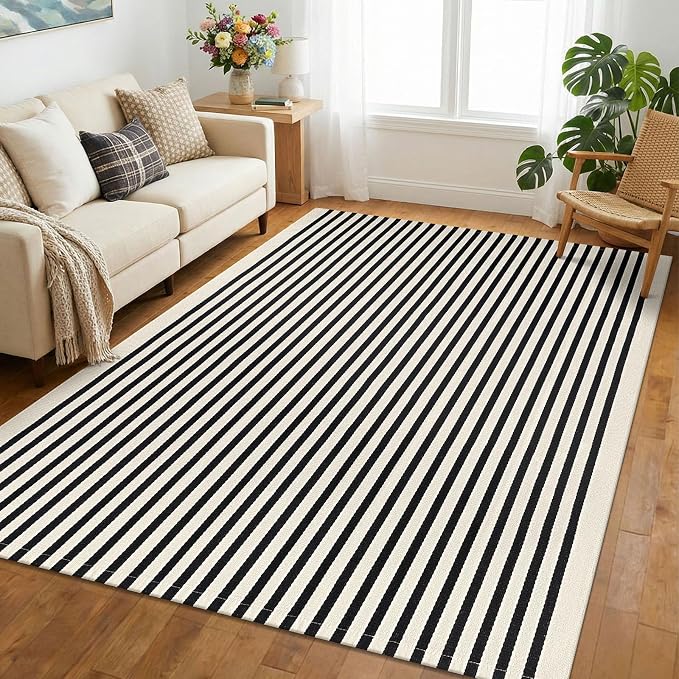 KOZYFLY Beige and Black Rug 5x8 ft Area Rug Woven Washable Striped Rugs Cotton Farmhouse Indoor Outdoor Rugs for Living Room Bedroom Entryway Porch Patio Carpet