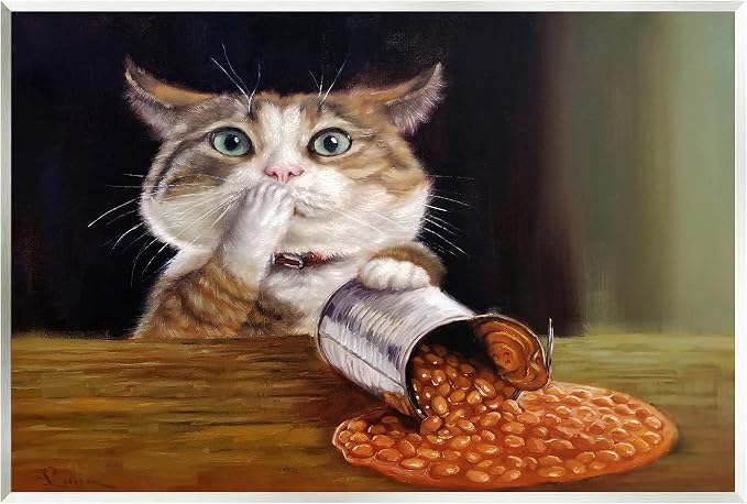 Humorous Cat Kitchen Still Life, 13 x 19 Inch Mounted Print on Wall Plaque | Stupell Industries · By Lucia Heffernan · Ready to hang · Hand finished · Printed in Johnston · Rhode Island · Made in USA