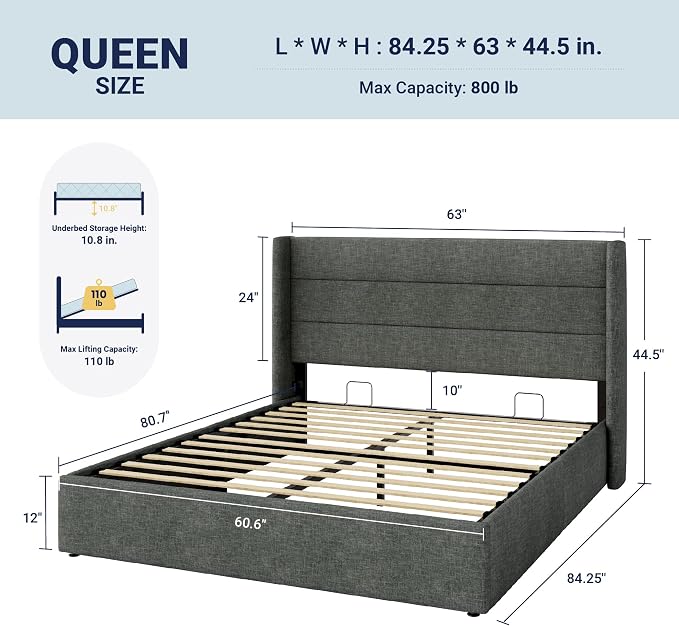 Allewie Queen Size Lift Up Hydraulic Storage Bed Frame Dark Grey | Modern Wingback Headboard, Hydraulic Support Storage, No Box Spring Needed