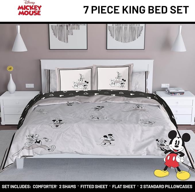 Disney Mickey Mouse and Friends King Comforter Set 7 Piece Bedding, Beige | Minnie Donald Goofy, Bed in a Bag, Comforter Sheets Shams Pillowcases, Official Product, Soft Microfiber, Machine Washable