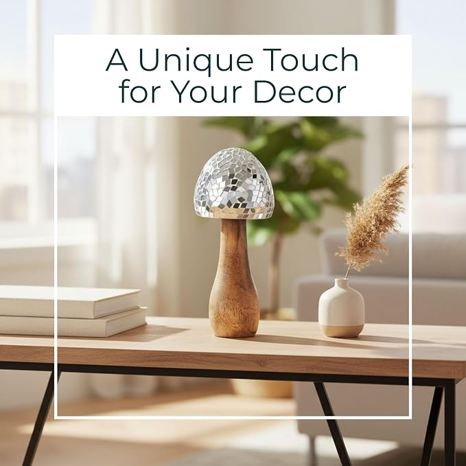 Mango Wood Mushroom Figurine Sculpture – Room Decor Accent for Shelf, Console, or Desk Placement, Boho Home Decor Mosaic Design Detail – 8", Silver and Natural Wood Finish
