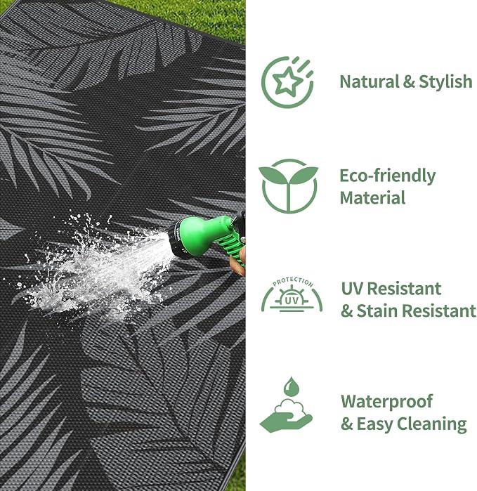 GENIMO Outdoor Rug, Waterproof Plastic Runner Rugs, 2.5'x8' Black Grey | Outside Leaf Carpet Mat for Patio Decor, Porch, Deck, Balcony, Camping, RV, Picnic, Beach, Reversible, Foldable, Lightweight