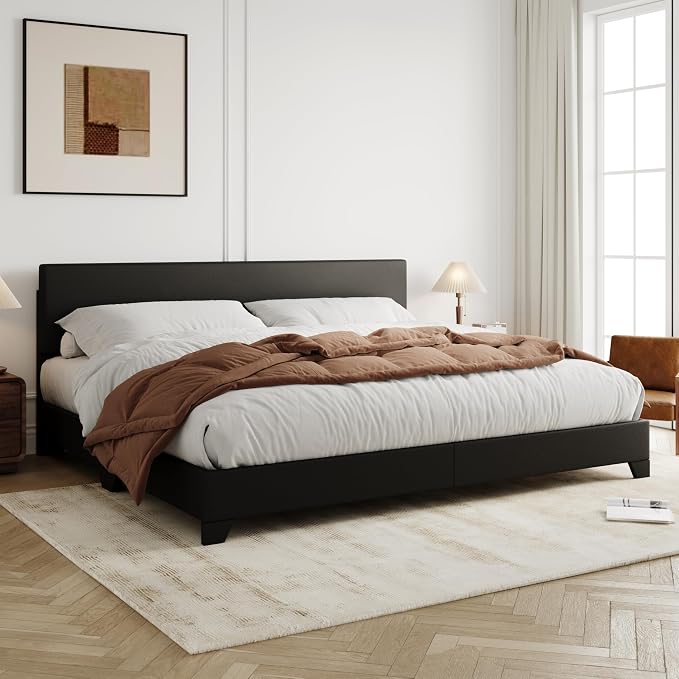 Allewie King Size Faux Leather Bed Frame, Adjustable Headboard, Black | Platform Bed with Heavy Duty Mattress Foundation, Noise-Free, Easy Assembly, Wood Slat Support, No Box Spring Needed