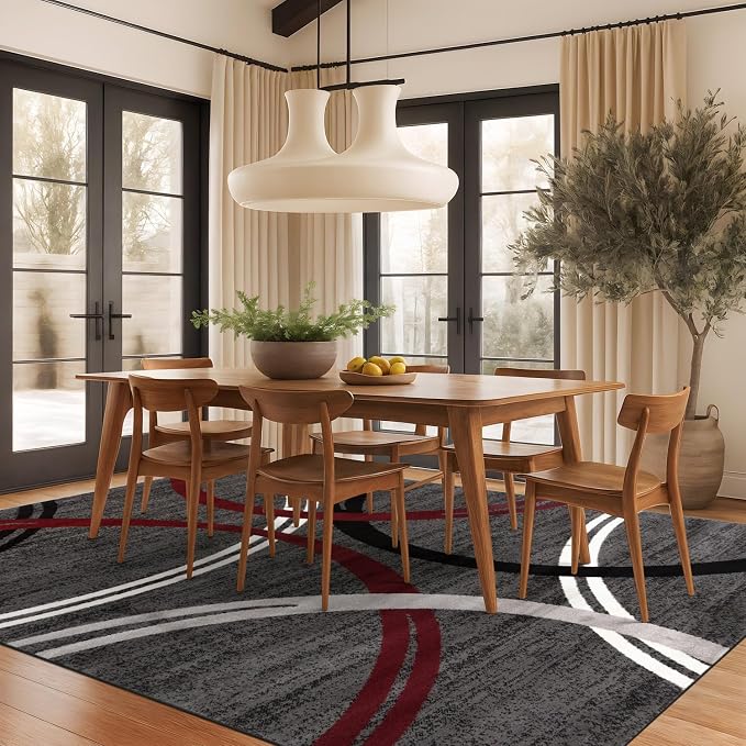 Rugshop Wavy Circles Modern Non-Shedding Area Rug Red 7'10" x 10'2" | Rectangular, Size 7'10" x 10'2", Living Room, Bedroom, Dining Room, Home Office, Kitchen, Entryway, Hallway, Nursery, Bedside