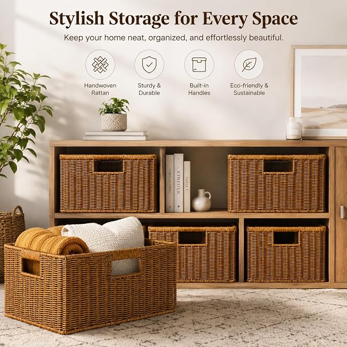 Waterproof Wicker Storage Basket with Handles, Extra Large, Brown | 16.5 x 13 x 7.5 Inch Basket, Shelf Organizer, Rectangular Woven Bin, Towel and Blanket Storage, Home Decor