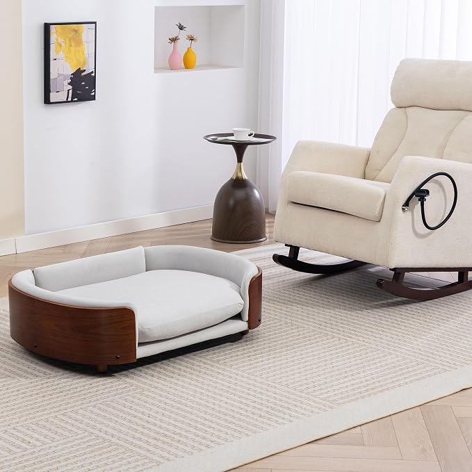 Elevated Dog Bed Pet Sofa with Solid Wood Legs and Bent Soft Backrest, Pet Cat Stool Bed with Velvet Cushion,for Large and Medium Size Dogs Kitten, Large Size