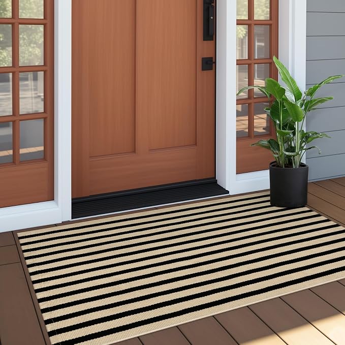 OJIA Outdoor Porch Rug Front Door Mat 24"x51", Black and Tan Striped Rugs | Washable Outdoor Rugs Front Door Rugs Cotton Woven Kitchen Rugs Small Area Rugs for Entryway/Patio/Outside Entrance Decor