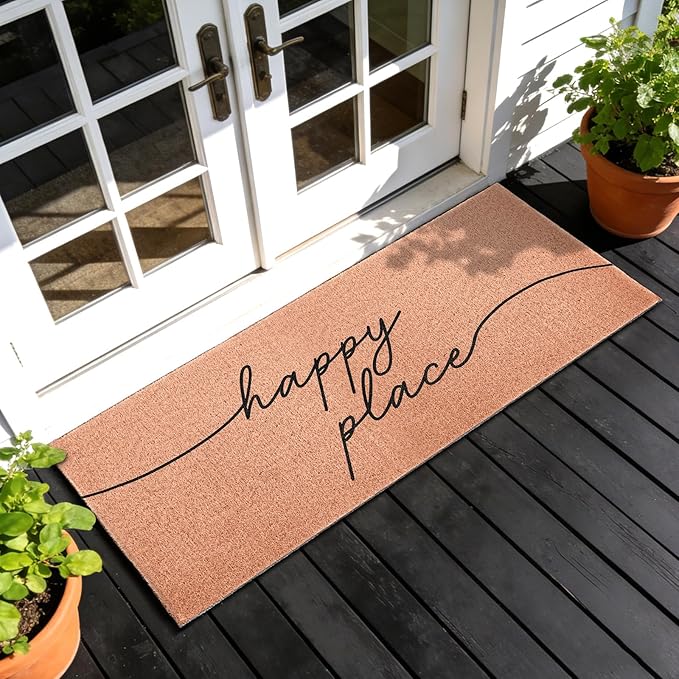 Happy Place Extra Long Doormat for Double Door Entrance, 24x59 Inch | Large Heavy Duty Front Porch Rug with Non Slip PVC Backing, Oversized Decorative Door Mat for Indoor Outdoor Entryway