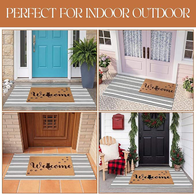 2 Pcs Outdoor Door Mat Combo Set Layered Outdoor Rug and Coir Welcome Doormat Non Slip Outside Floor Mat for Front Porch Entryway Patio Yard Decor(Cat Paw,24'' X 51',18'' X 28'')
