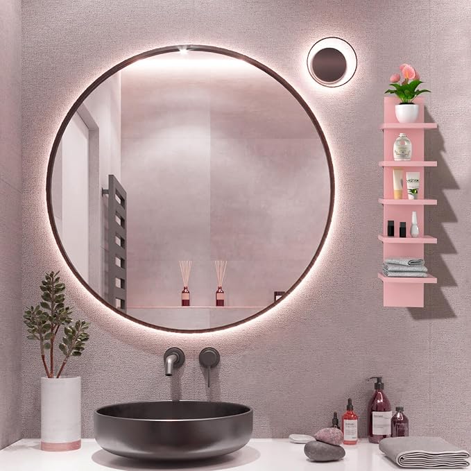 5 Tier Wall Shelves Pink, Vertical Column Shelf Floating Storage Home Decor Organizer Tall Tower Design Utility Shelving Bedroom Living Room, 30.7