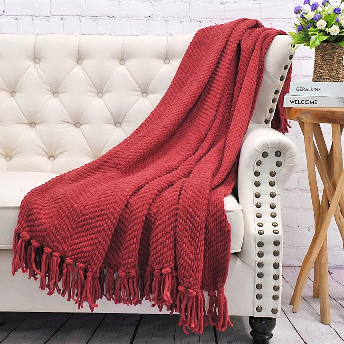 Home Soft Things Red Throw Blanket Knitted Tweed Throw 50'' x 60'', Chili Pepper, Super Soft Cozy Warm Comfortable Breathable Throw for Living Room Chair Couch Bed Sofa Bedroom Home Décor