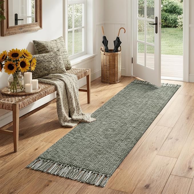 Collive 2' x 6' Kitchen Runner Rug, Modern Farmhouse Washable Bathroom Mat, Boho Sage Green Hallway Runner Rugs Hand-Woven Reversible Bedroom Carpet for Laundry Entryway Home Decor