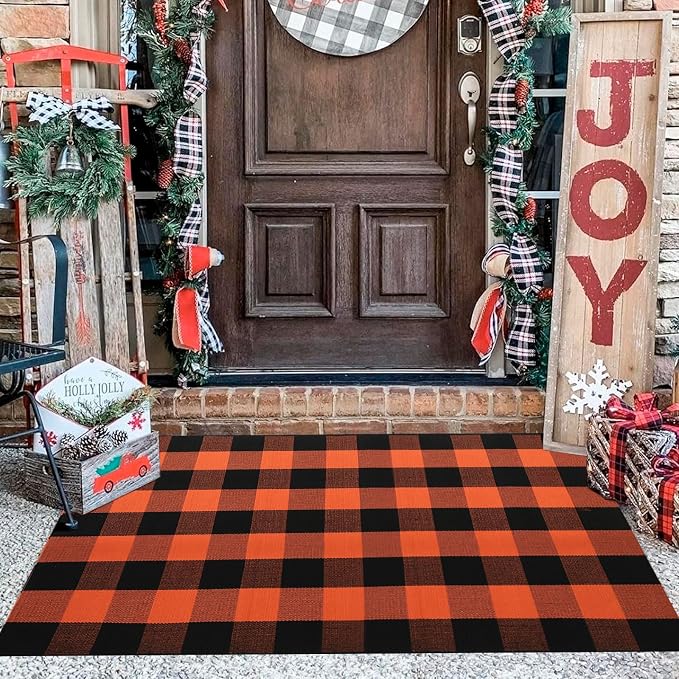 Buffalo Plaid Outdoor Rug 3x5 Ft Orange and Black Checkered Area Rug Halloween Washable Doormats Fall Indoor Outdoor Rugs for Layered Front Door Mats, Porch, Entryway, Kitchen, Farmhouse