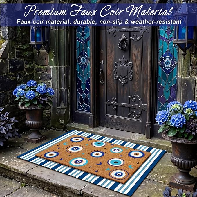 Tinideya 2 Pcs Blue Evil Eye Layered Doormat Set, Boho Evil Eye Doormat with Blue White Striped Rug, Mediterranean Porch Decor for Entryway Patio Outdoor
