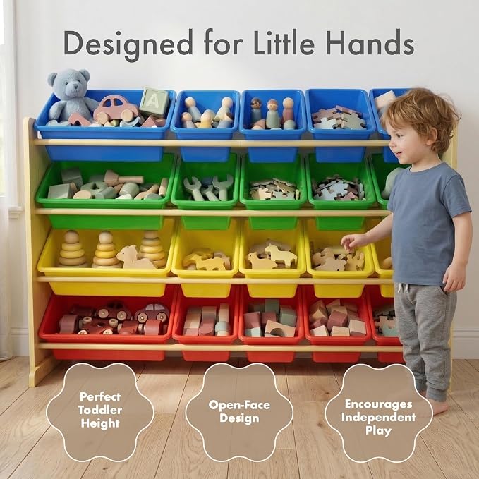 Humble Crew Kids Toy Organizer with 20 Bins, 4 Tier Storage for Playroom | Sturdy wood and steel toddler shelf, removable BPA-free containers, wall anchor anti-tip safety kit for bedroom or classroom