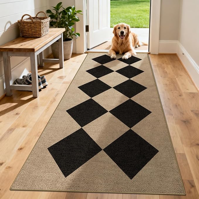 Washable Checkered Easy Jute Runner Rug 2x6, Black Checkerboard Boho Geometric Outdoor Indoor Patio Rug, Woven Non Slip Thin Neutral Long Runner Carpet for Hallway Kitchen 6ft Entryway Porch