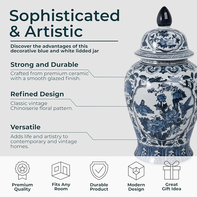 Sagebrook Home Novelty Ceramic Flowers Temple Jars, Vases, Elegant Storage Containers for Home Decor and Kitchen Interior Design, 18.0" H, Blue (16417)