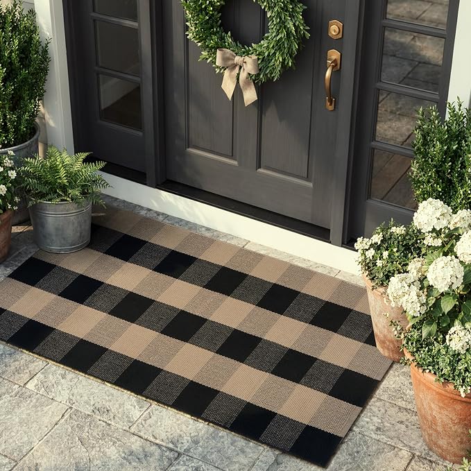 KIMODE Front Door Mat Outside Entrance 24"x51",Black and Tan Checkered Outdoor Rug,Farmhouse Fall Front Porch Rug Decor,Cotton Woven Washable Layering Rug for Front Door,Outside Entrance,Kitchen