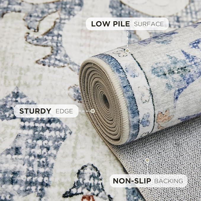 Joydeco 8x10 Area Rugs for Living Room, Non Slip Machine Washable Vintage Rug, Low Pile Chenille Print Rugs for Bedroom, Dining Room, Home Office, Pet & Child Friendly, Blue&Grey