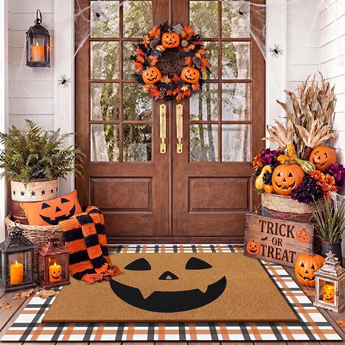 Tinideya 2 Pcs Door Mat Welcome Non Slip Coir Mats Floor Layering Doormats Seasonal for Front Porch Entryway Decor(23.6 x 35.4 Inches,Halloween,Orange, Black)