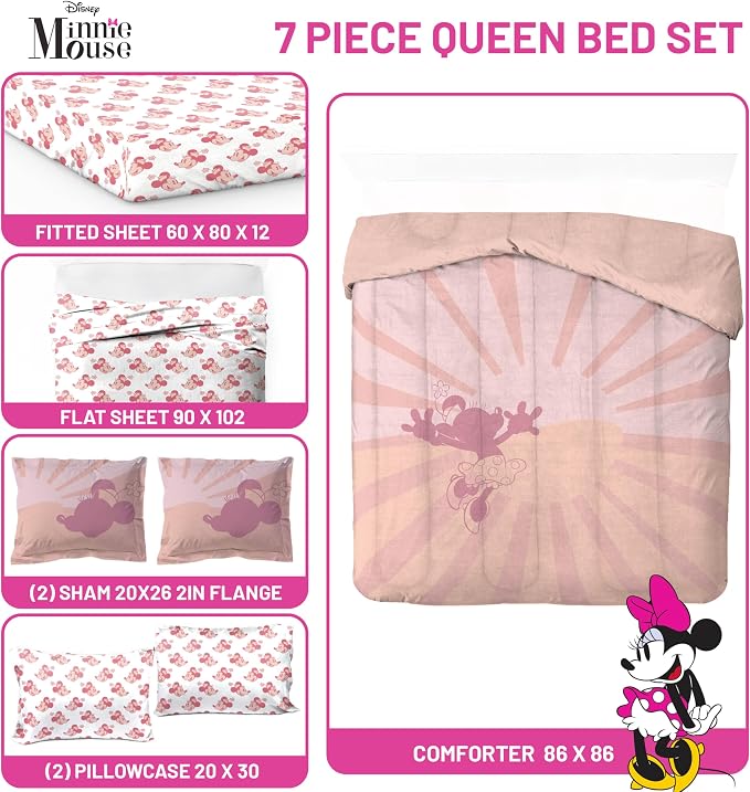 Disney Minnie Mouse Queen Comforter Set 7 Piece Bedding for Girls, Pink | Bed in a Bag, Comforter Sheets Shams Pillowcases, Official Product, Soft Microfiber, Machine Washable, Girls Gift