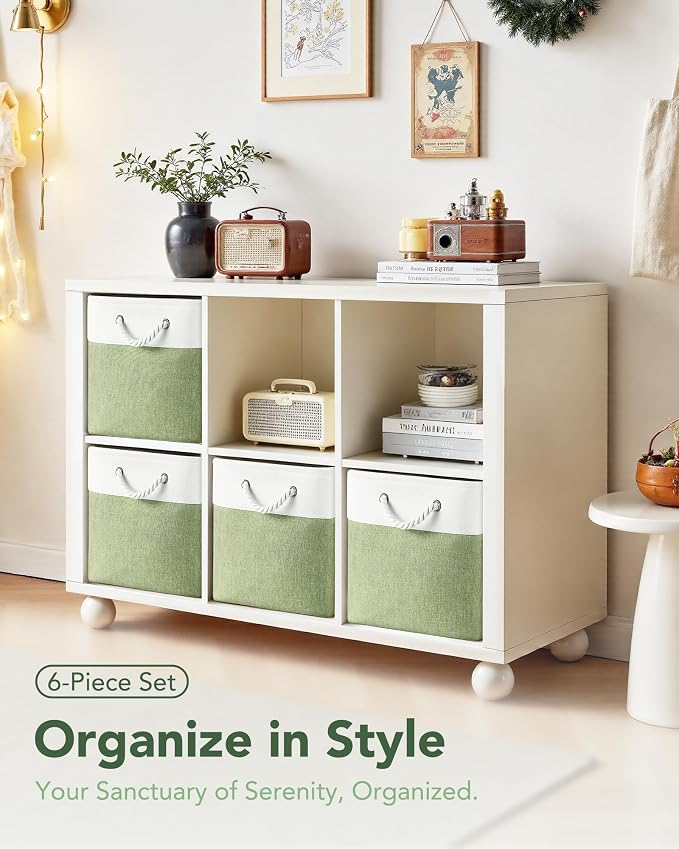 13x15x13 Inch Large Storage Bins with Cotton Rope Handles 6-Pack | Foldable, Top support of metal frame, Bottom with Cardboard Support, Fabric Cube Storage Bins for Closet, White Green