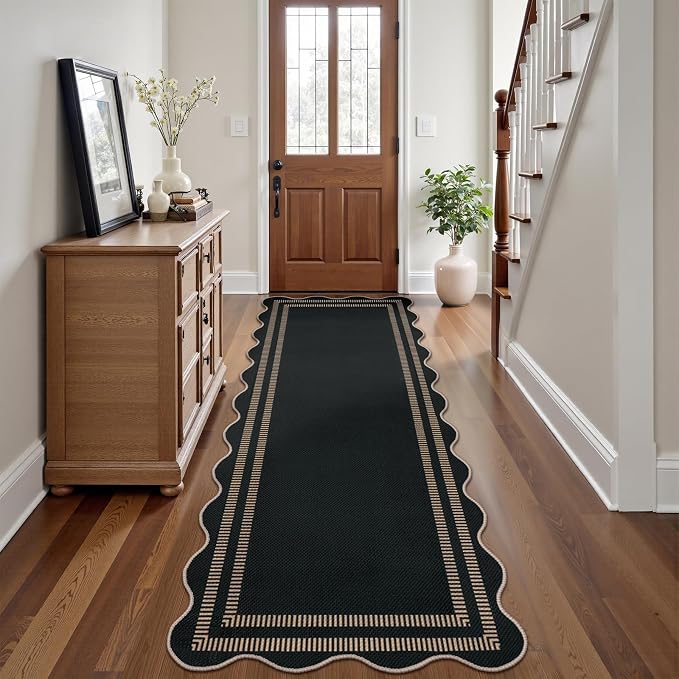Scalloped 2.6x8 Kitchen Runner Rug, Washable Rugs for Entryway Non Slip Outdoor Indoor Black Long Rug, Farmhouse Morden Carpet for Hallway Bedroom