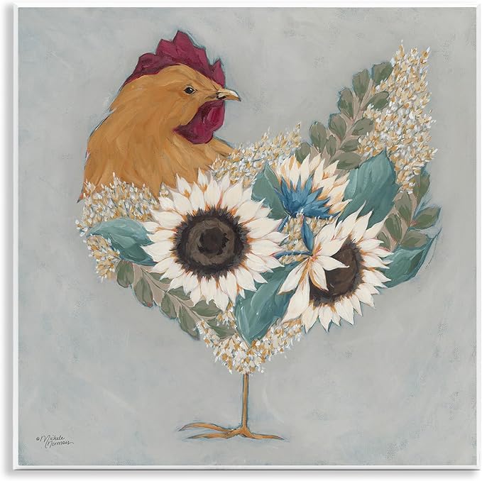 Rooster Floral Blossom, 12 x 12 Inch Mounted Print on Wall Plaque | Stupell Industries · By Michele Norman · Ready to hang · Farmhouse country charm for any room · Made in USA