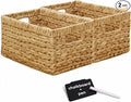 KOKODO Wicker Storage Basket Set of 2, Rectangular Baskets for Shelves with Handles & Chalkboard Labels, Handwoven Water Hyacinth Baskets for Organizing Pantry, Closet & Home.