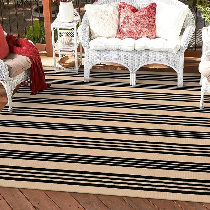 OJIA Outdoor Patio Rug 5'x7', Black and Tan Striped Outdoor Rugs Washable | Machine Washable Area Rugs Cotton Hand Woven Indoor Outdoor Rugs for Bedroom/Living Room/Front Porch/Deck/Backyard/Camping