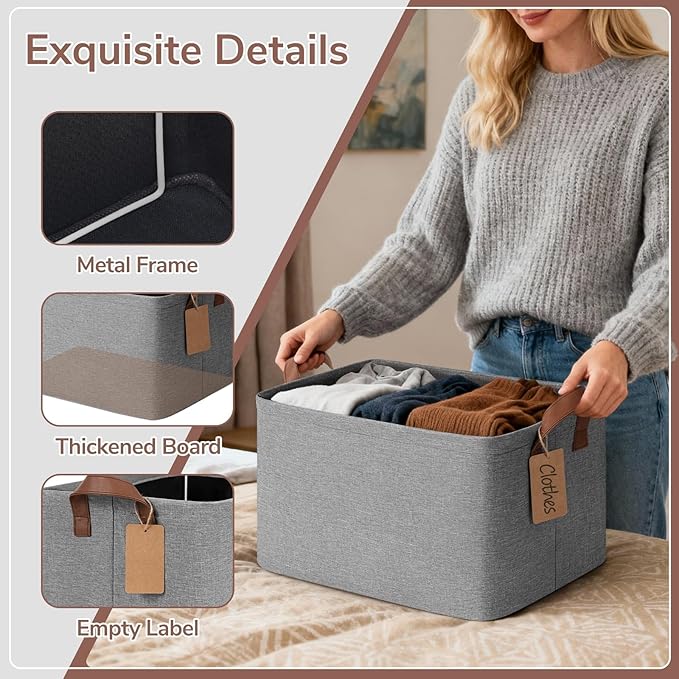 CHICVITA 4 Pack Large Foldable Storage Baskets for Shelves, Gray | 16.8 × 11 × 9.8 in, Metal Frame, Leather Handles, Clothes, Toys & Towels Storage, Nursery & Living Room Organization