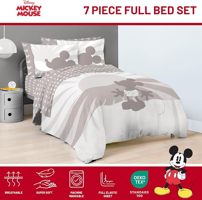 Disney Mickey Mouse Full Comforter Set 7 Piece Cartoon Bedding, Grey | Bed in a Bag, Comforter Sheets Shams Pillowcases, Official Product, Soft Microfiber, Machine Washable, Kids Gift