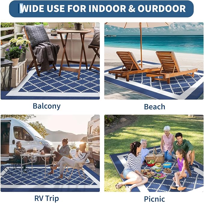 Outdoor Rug 9x18ft Waterproof Reversible Modern Diamond Plastic Straw Mat UV & Weather Resistant Easy Clean Camping Carpet for Patio Garden Deck Camper Beach Color: Navy