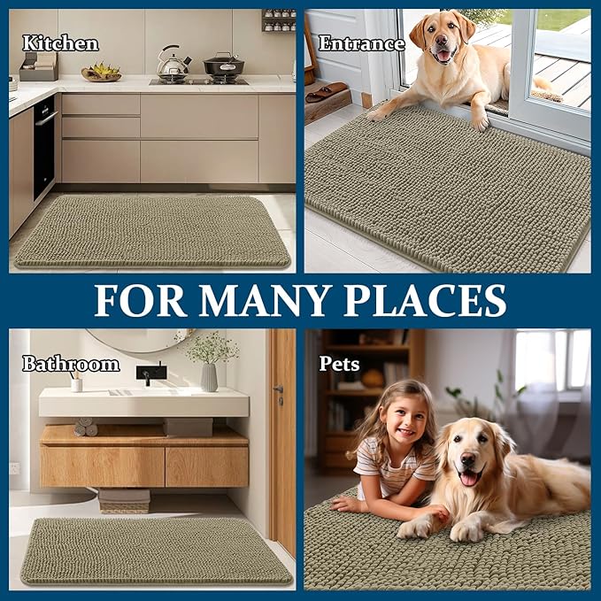 OLANLY Dog Door Mat for Muddy Paws 70x24, Absorbs Moisture and Dirt, Absorbent Non-Slip Washable Doormat, Quick Dry Chenille Mud Mat, Entry Indoor Entryway Carpet for Inside Floor, Warm Taupe