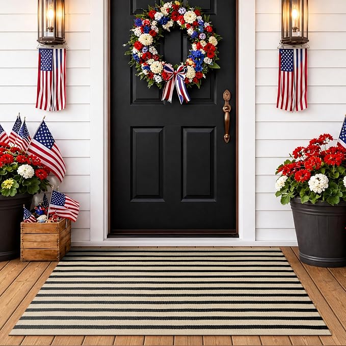 OJIA Outdoor Porch Rug Front Door Mat 24"x51", Black and Tan Striped Rugs | Washable Outdoor Rugs Front Door Rugs Cotton Woven Kitchen Rugs Small Area Rugs for Entryway/Patio/Outside Entrance Decor