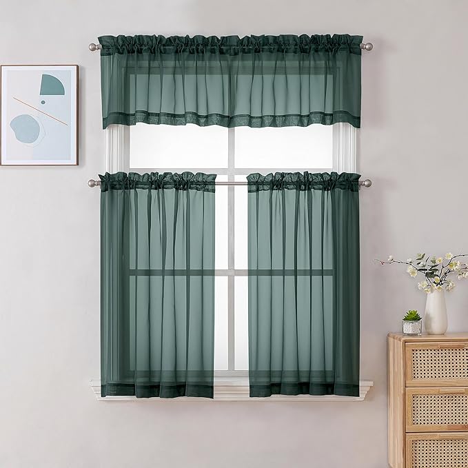 Gwine Hunter Green Sheer Curtain Tiers 24 Inch Length, Light Filtering Voile - Image 2
