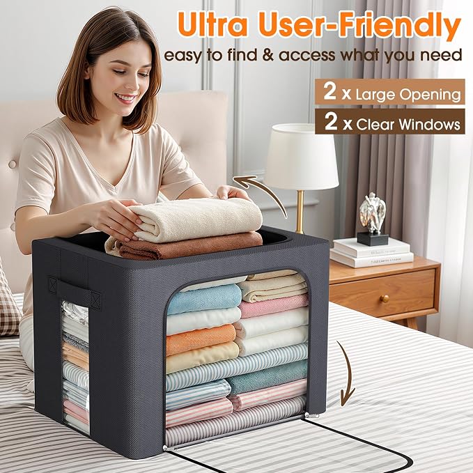 4 Pack Clothes Storage Bins with Metal Frame, Light Grey, 40L | Foldable Storage Boxes with Clear Window, Front & Top Zipper Openings, Stackable Organizer with Handles for Closet & Bedroom