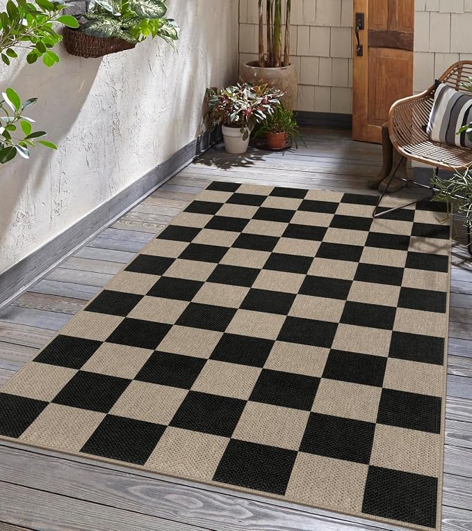 Rugalia Easy Jute Checkered Area Rug, 3x5 Indoor Outdoor Entryway Rug Washable Black Checkerboard Kitchen Rugs, Non-Slip Modern Farmhouse Throw Carpet for Living Room Patio Kids Room