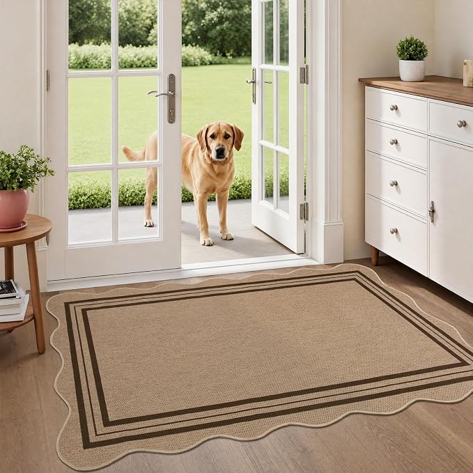 EDIMENS Scalloped Easy Jute 3x5 Outdoor Rug, Washable Non-Slip Geometric Tan Rugs for Entryway, Indoor Outdoor Farmhouse Rug Modern Carpet Door Mat Area Rug for Patio Living Room Porch Kitchen