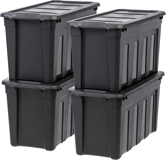 IRIS USA 4-Pack 31 Gal Heavy Duty Storage Totes with Lids, Black | High-capacity heavy-duty design with easy-grip handles, Ideal for moving, garage storage, camping equipment and organization