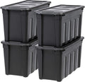 IRIS USA 4-Pack 31 Gal Heavy Duty Storage Totes with Lids, Black | High-capacity heavy-duty design with easy-grip handles, Ideal for moving, garage storage, camping equipment and organization