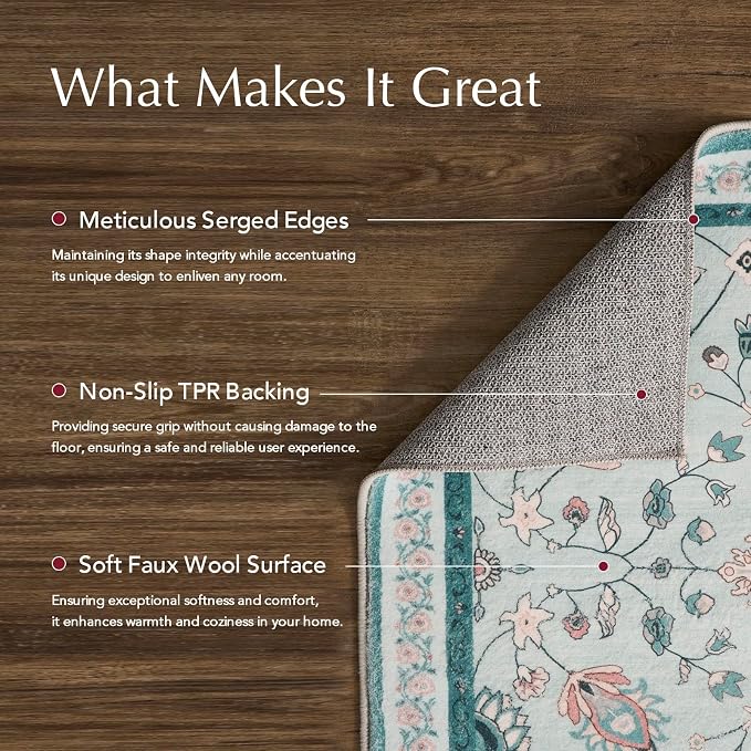 EVERGRACE Area Rugs for Living Room 4x6, Boho Floral Faux Wool Indoor Outdoor Rugs, Washable Rugs for Bedroom Entryway Dining Room Hallyway, Low Pile Floor Mat Carpet for Home Decor, Pale Blue