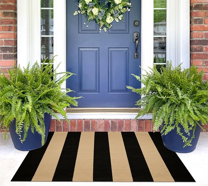 Black and Tan Layered Doormat,2x3 ft Striped Small Outdoor Rug Cotton Woven Washable Farmhouse Layered Door Mats for Entryway/Porch Decor/Kitchen/Home Entrance