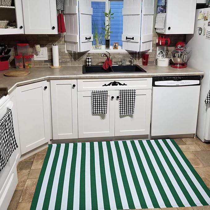 St. Patrick's Day Striped Outdoor Rug Green and White Spring Door Mat 3' x 5' Layered Welcome Mat for Farmhouse Spring Easter Front Porch Entryway Decor