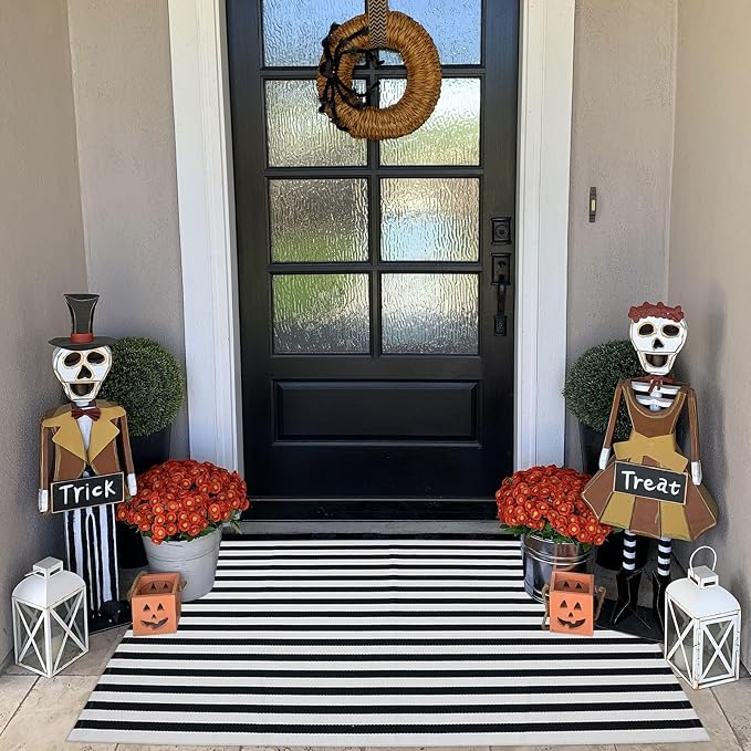 Black and White Striped Outdoor Rug Halloween Door Mat 27.5" x 43" Front Porch Rug Farmhouse Fall Layered Door Welcome Mat for Entryway/Home Entrance/Laundry Room